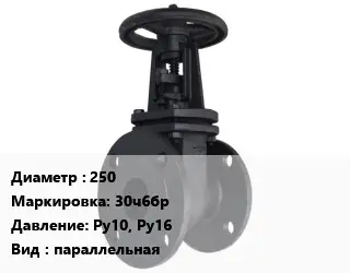 Задвижка чугунная 250 30ч6бр Ру10, Ру16 параллельная
